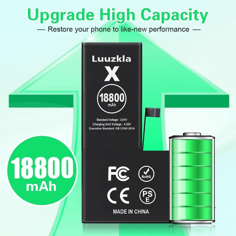 Luuzkla 18800mAh (2025 New Upgrade) Battery Compatible with iPhone X, Super Capacity Battery Replacement Compatible with iPhone X, with Full Tool Kits-0 Cycle High Capacity-24 Months Service - Image 2